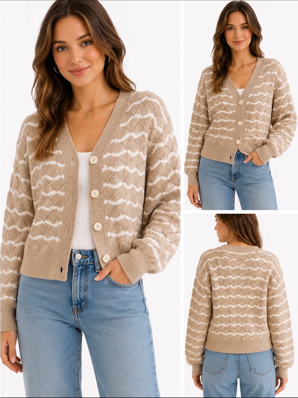 Striped Pointelle Knit Cardigan Sweater | Beige & White Button Front